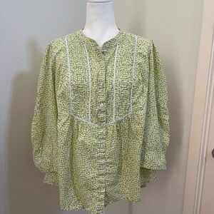 St. John's Bay Green Puff Sleeve Mandarin Collar Top